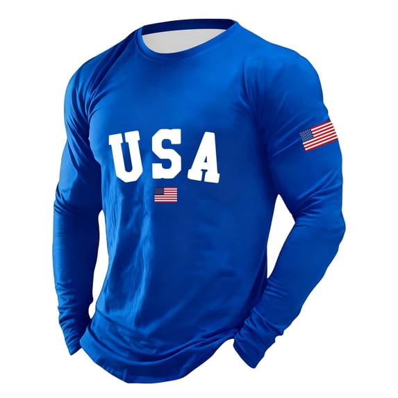 VNKIDY Mens Usa Flag Print Long Sleeve TShirts Crewneck Patriotic Design Curved Hem Casual Tees For Holiday Daily Wear Blue XXL