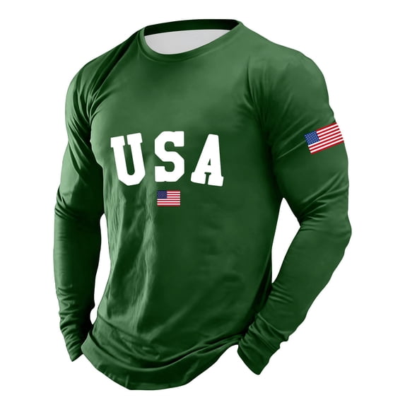 VNKIDY Mens Usa Flag Print Long Sleeve TShirts Crewneck Patriotic Design Curved Hem Casual Tees For Holiday Daily Wear Green XXXXL