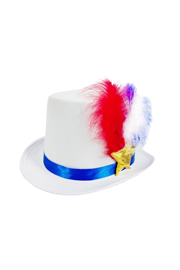 Mens Womens Patriotic Top Hat With Feather And Gold Star Accent Usa Flag Color Design Party Hat For Independence Day Holiday Daily Wear Trendy Hat