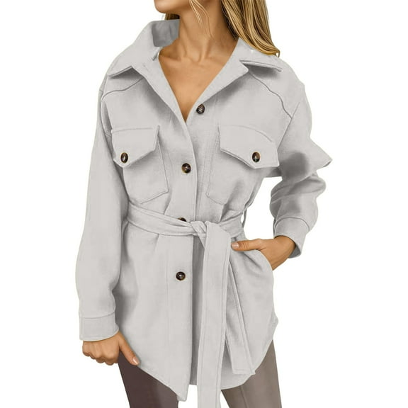VNKIDY Plus Size Coat Solid Color Belted Shacket With Button Front Long Sleeve Lapel Shirt Jacket With Pockets Casual Loose Fit For Fall Winter Casual Outwear