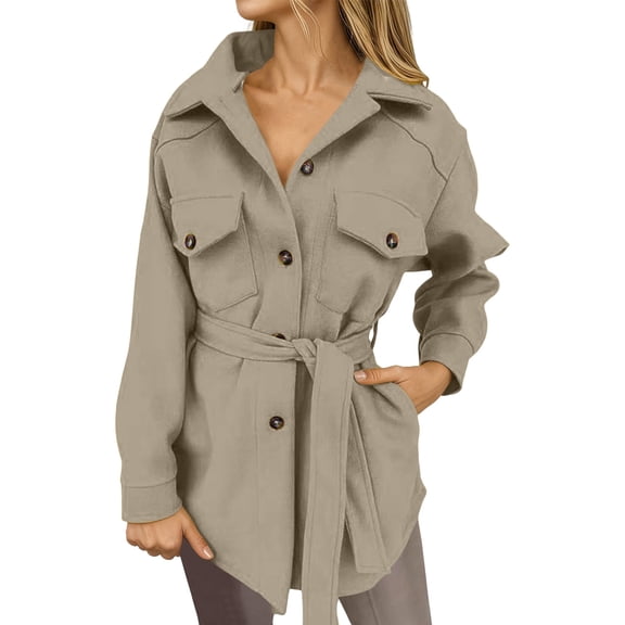 VNKIDY Plus Size Coat Solid Color Belted Shacket With Button Front Long Sleeve Lapel Shirt Jacket With Pockets Casual Loose Fit For Fall Winter Fashionable Outwear