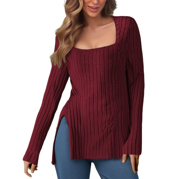 VNKIDY Plus Size Tops Autumn Winter Plus Size Knitted Ribbed Brushed Square Neck Long Sleeve Solid Color Casual Basic Shirt Blouse Relaxed Fit Tops