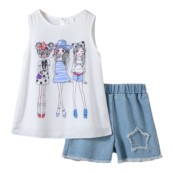 VNKIDY Sleeveless Cartoon Girls Print Tops And Denim Shorts Girls Two Piece Outfits Sets (3 7 Years) Cozy