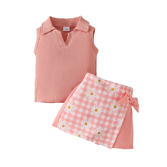 VNKIDY Summer Toddler Girls Sleeveless Ribbed Round Neck Vests T Shirt Tops Floral Plaid Shorts Outfits Sets Boho
