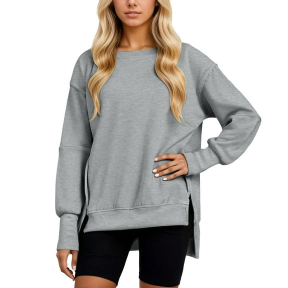 VNKIDY Sweatshirt Women Asymmetrical Hem Pullover Casual Long Sleeve Crewneck Loose Fit Drop Shoulder Soft Knit Fashion Streetwear Blouse Solid Color Birthday Dailywear