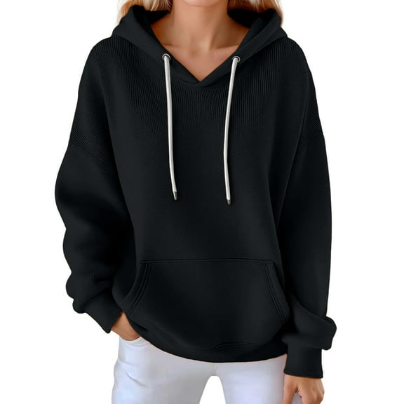 VNKIDY Sweatshirt Women Casual Autumn Winter Long Sleeved Ribbed Bottoming Shirt With Hoodie Solid Color Pullover Boho Streetwear