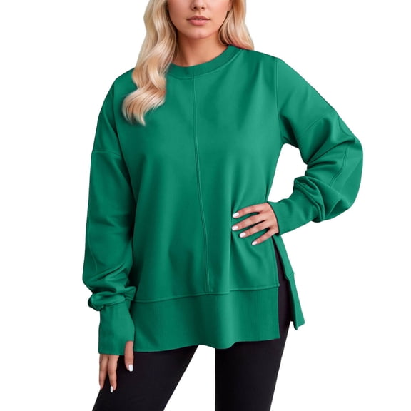 VNKIDY Sweatshirt Women Refers To Long Sleeve Tops Solid Color Slit Round Neck Headless Hoodie Pullover Versatile Dailywear