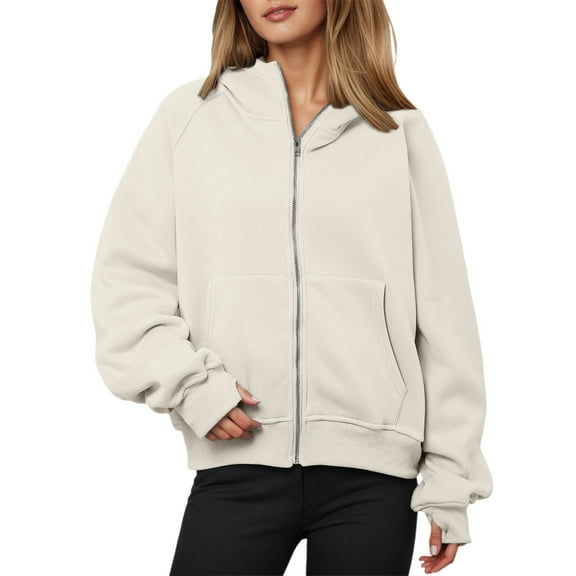 VNKIDY Sweatshirt Women Zip Up Hoodie With Thumbholes Pockets Autumn Winter Outerwear For Long Sleeve Solid Color Pullover Leisure Streetwear