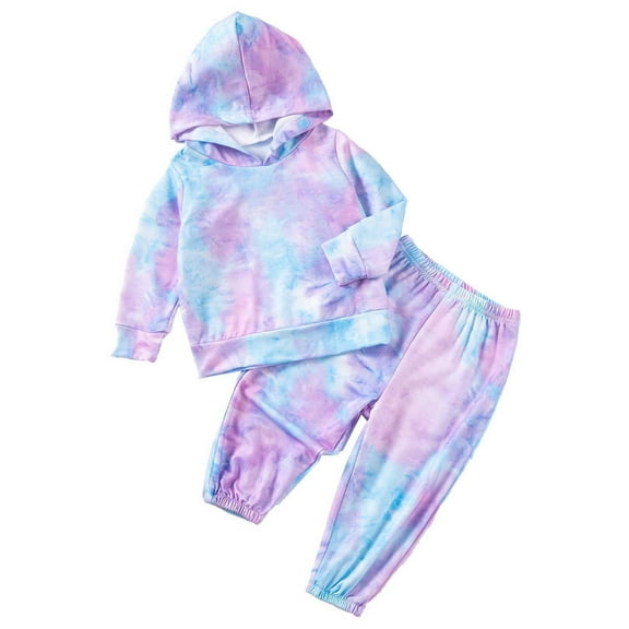 VNKIDY Toddler Boys Girls Long Sleeve O-Neck Casual Tie Dye Prints Hooded Tops T Shirt Pants Outfits Sets Leisure