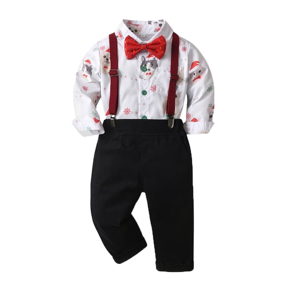 VNKIDY Toddler Boys Long Sleeve O-Neck Christmas Cartoon Animal Prints T Shirt Tops Suspender Pants Child Kids Gentleman Outfits Sets Classic