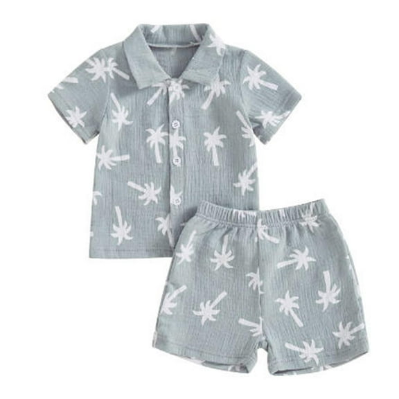 VNKIDY Toddler Boys Summer Clothes Sets Button Down Shirt & Shorts 2Pcs Tree Printed Casual Beach Outfits Sets Versatile