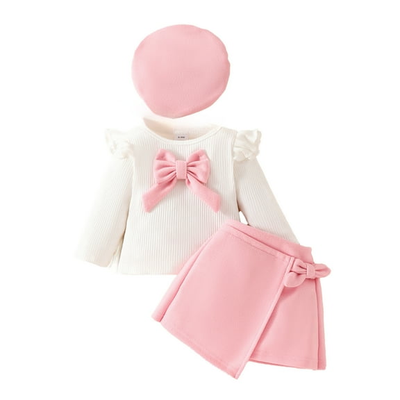 VNKIDY Toddler Girl Big Bow Beret Long Sleeve T-Shirts O-Neck Tops And Skirt Fall/winter Three Piece Outfits Sets Stylish