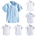 thumbnail image 1 of VNKIDY Toddler Girls Kids Peter Pan Collar Solid Color Pleated Tie Short Sleeve Shirt Soft School Uniform Blouse Tops For Little Kids Classic Tops Sky Blue 13-14 Years, 1 of 4