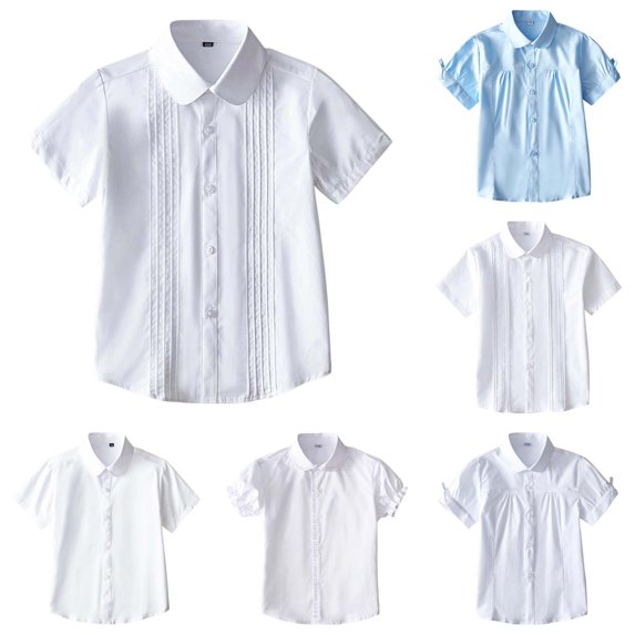 VNKIDY Toddler Girls Kids Peter Pan Collar Solid Color Pleated Tie Short Sleeve Shirt Soft School Uniform Blouse Tops For Little Kids Classic Tops White5 57/60