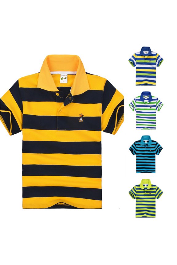 Toddler Kids Boys Polo Collar Multi Tone Wide Stripe Cartoon Embroidery Short Sleeve Polo Shirt Lightweight Summer Outdoor Casual Tops For Child Casual Tops Orange 4-5 Years