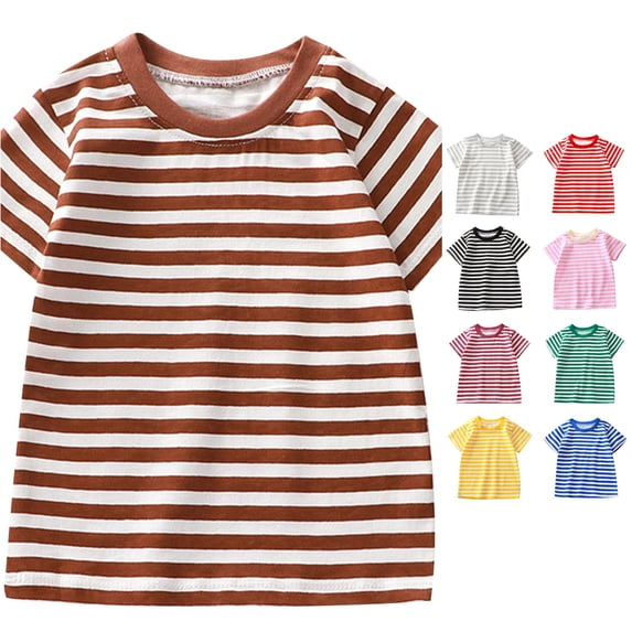 VNKIDY Toddler Kids Crew Round Neck Regular Short Sleeve Horizontal Stripe Print T-Shirt Relaxed Casual Summer Daily Basic Tee Tops For Little Boys Girls Leisure Tops Brown 3-4 Years