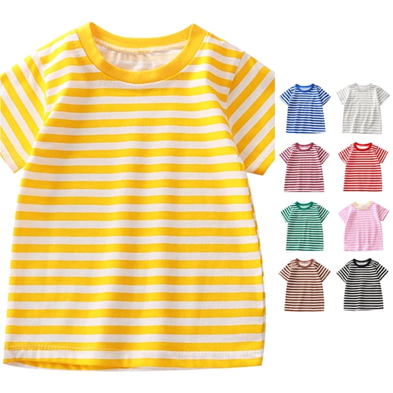 VNKIDY Toddler Kids Crew Round Neck Regular Short Sleeve Horizontal Stripe Print T-Shirt Relaxed Casual Summer Daily Basic Tee Tops For Little Boys Girls Leisure Tops Yellow 3-4 Years