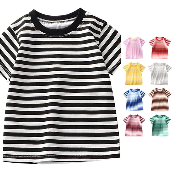 VNKIDY Toddler Kids Crew Round Neck Regular Short Sleeve Horizontal Stripe Print T-Shirt Relaxed Casual Summer Daily Basic Tee Tops For Little Boys Girls Trendy Tops Black 6-7 Years