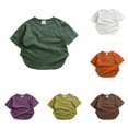 thumbnail image 1 of VNKIDY Toddler Kids Crew Round Neck Solid Color Curved Hem Short Sleeve T-Shirt Loose Vintage Summer Basic Tee Tops For Little Boys Girls Classic Tops Green 2 Years, 1 of 8