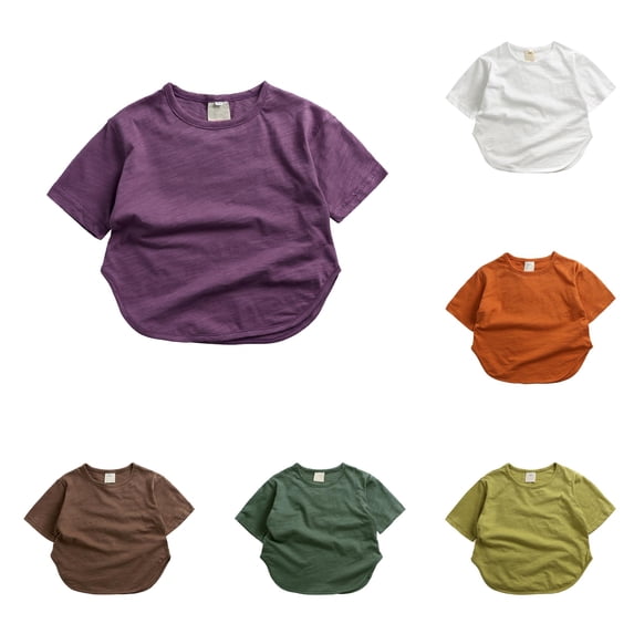 VNKIDY Toddler Kids Crew Round Neck Solid Color Curved Hem Short Sleeve T-Shirt Loose Vintage Summer Basic Tee Tops For Little Boys Girls Classic Tops Purple 2 Years