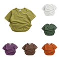 thumbnail image 1 of VNKIDY Toddler Kids Crew Round Neck Solid Color Curved Hem Short Sleeve T-Shirt Loose Vintage Summer Basic Tee Tops For Little Boys Girls Czoy Tops Mint Green 12 Months, 1 of 8