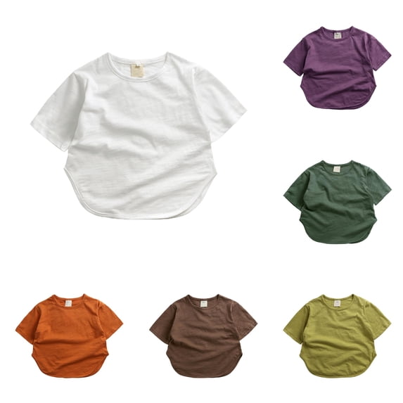 VNKIDY Toddler Kids Crew Round Neck Solid Color Curved Hem Short Sleeve T-Shirt Loose Vintage Summer Basic Tee Tops For Little Boys Girls Czoy Tops White 12 Months