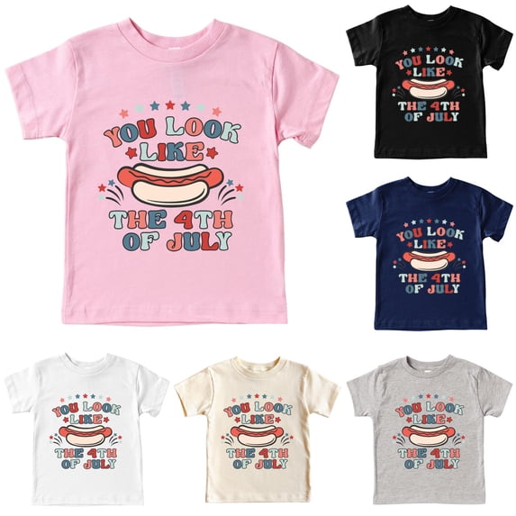 VNKIDY Toddler Kids Independence Day Crew Round Neck Regular Short Sleeve Hot Dog Star Holiday Letter Print T-Shirt Soft Loose Summer Casual Tee Tops For Little Boys Girls Soft Tops Pink 13-14 Years