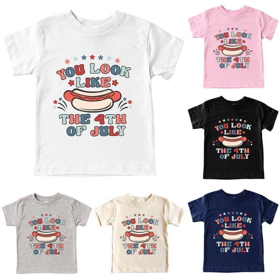 VNKIDY Toddler Kids Independence Day Crew Round Neck Short Sleeve Hot Dog Star Holiday Letter Print T-Shirt Soft Loose Summer Casual Tee Tops For Little Boys Girls Stylish Tops White 9-10 Years