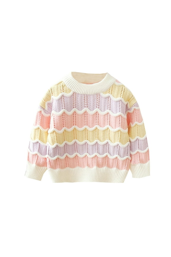Toddlers Kids Autumn Winter Cute Rainbow Stripe Knitted Sweater Long Sleeve Crewneck Loose Fit Jumper For Cold Weather Cozy Knitwear