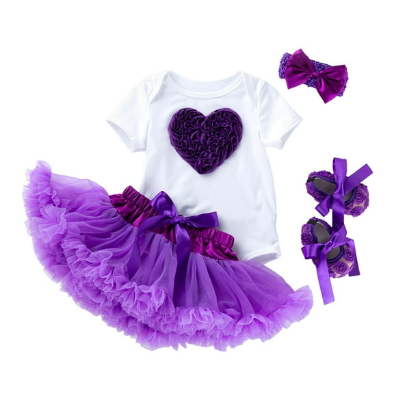 VNKIDY Valentine's Day Baby Girls 4 Piece Jumpsuit Set Heart Patch Short Sleeve Crewneck Bodysuit Ruffled Tulle Skirt Headband Shoes For Casual Wear Lovely Romper