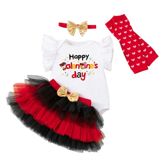 VNKIDY Valentine's Day Girls Baby Letter Prints 4 Piece Jumpsuit Set Ruffled Short Sleeve Crewneck Bodysuit With Skirt Matching Headband Socks For Daily Wear Trendy Romper