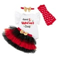 thumbnail image 1 of VNKIDY Valentine's Day Girls Baby Letter Prints 4 Piece Jumpsuit Set Ruffled Short Sleeve Crewneck Bodysuit With Skirt Matching Headband Socks For Daily Wear Classic Romper, 1 of 5