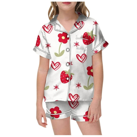 VNKIDY Valentine's Day Girls Kids Strawberry Flower Pattern Homewear Set Short Sleeve Collared Buttoned Top Loose Fit Shorts For Home Relaxation Adorable Outfit