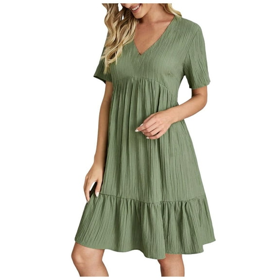 VNKIDY Versatile Women Dresses Casual Dresses Fashion Solid Color Button V-Neck Short Sleeve Shirt Dress Summer Autumn