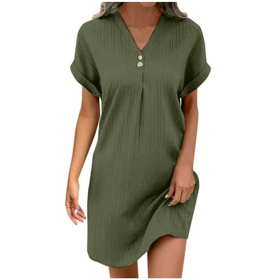 VNKIDY Versatile Women Dresses V Neck Solid Color Pullover Comfortable Casual Button Down Dress Summer Autumn