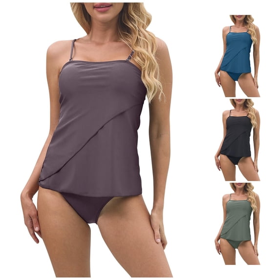 VNKIDY Women Adjustable Spaghetti Strap Square Neck Layered Tankini Top High Cut Brief Bottom Stretch Loose Fit Two Piece Tankini Swimwear Soft Swimwear XL