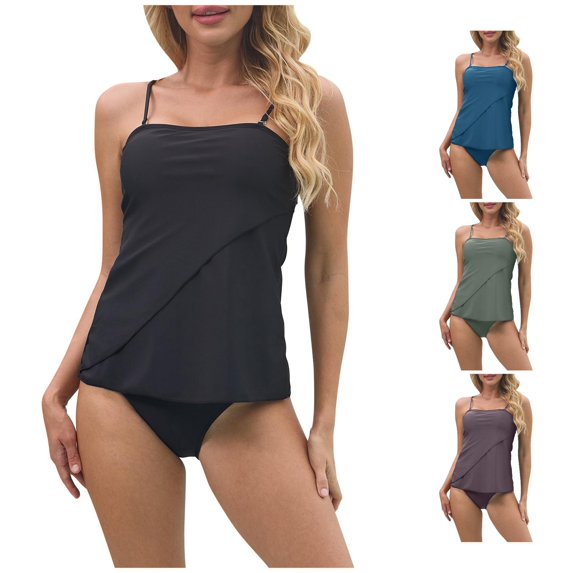 VNKIDY Women Adjustable Spaghetti Strap Square Neck Layered Tankini Top High Cut Brief Bottom Stretch Loose Fit Two Piece Tankini Swimwear Trendy Swimwear S