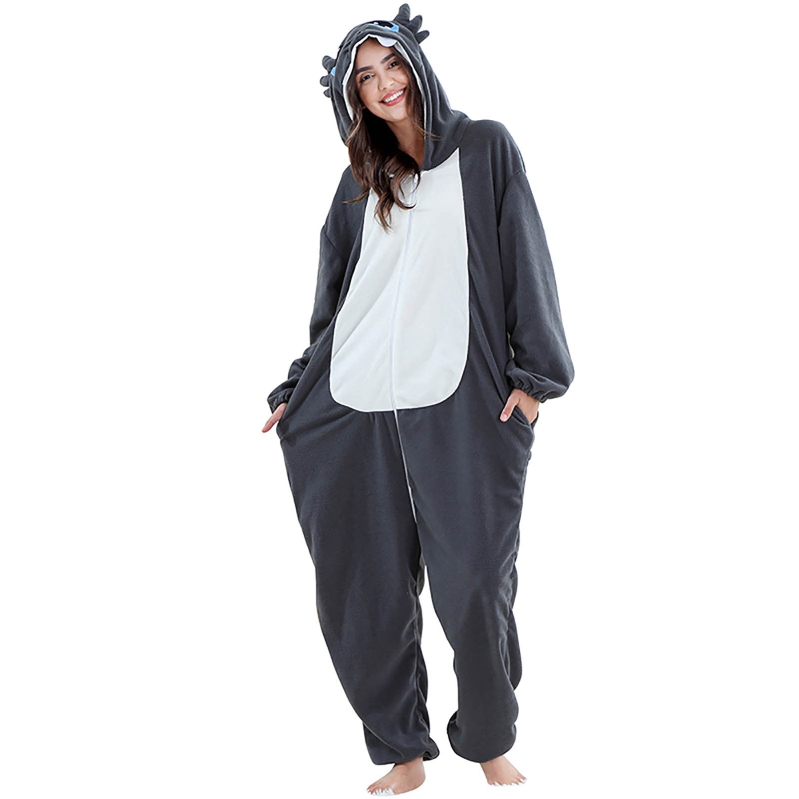 VNKIDY Women Autumn Winter Family Matching Black Dinosaur Onesie Pajamas Plush Thermal Long Sleeve Loungewear With Hood Pockets For Home Relaxing Classic Set