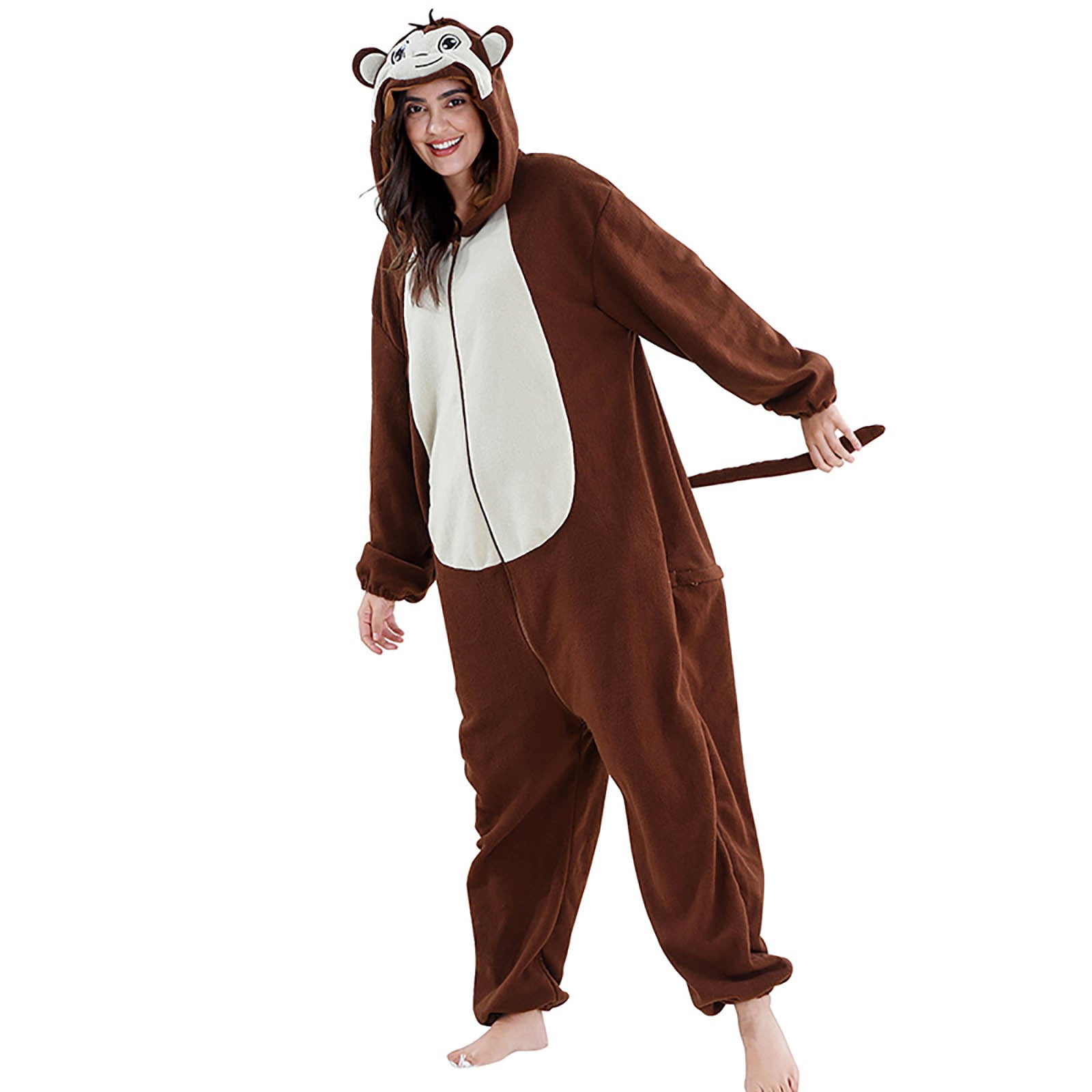 VNKIDY Women Autumn Winter Family Matching Brown Monkey Onesie Pajamas Plush Thermal Long Sleeve Loungewear With Hood Pockets For Home Relaxing Trendy Set