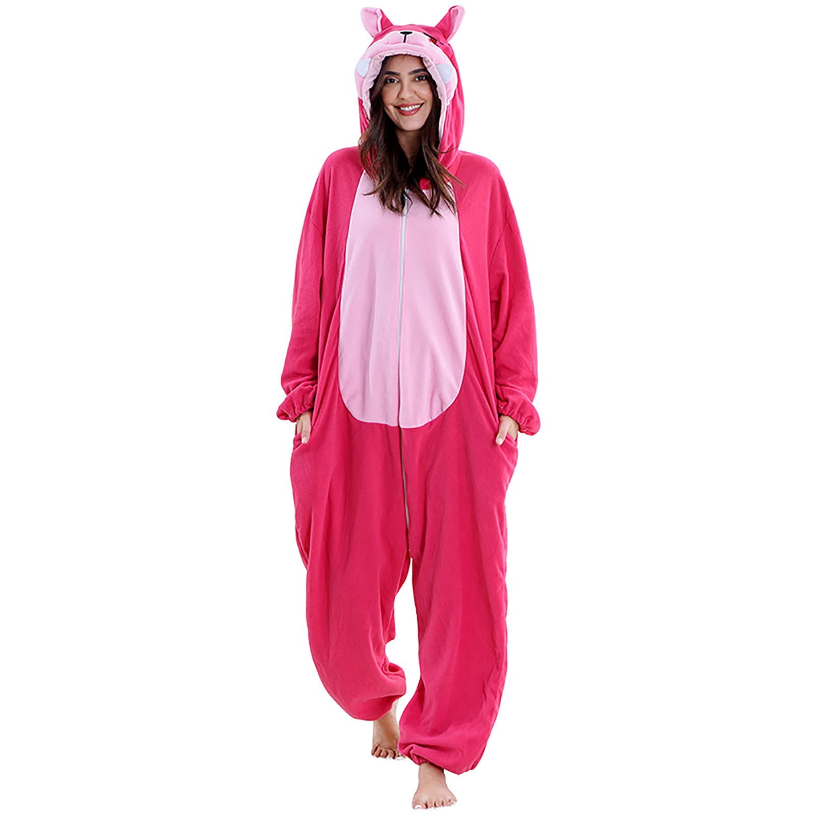 VNKIDY Women Autumn Winter Family Matching Pink Cute Onesie Pajamas Plush Thermal Long Sleeve Loungewear With Hood Pockets For Home Relaxing Stylish Set