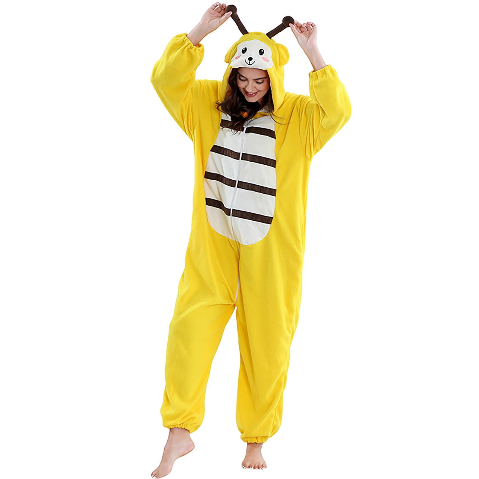 VNKIDY Women Autumn Winter Family Matching Yellow Cute Onesie Pajamas Plush Thermal Long Sleeve Loungewear With Hood Pockets For Home Relaxing Relaxed Set