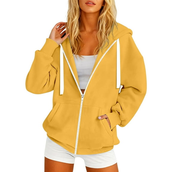 VNKIDY Women Casual Hooded Sweatshirt With Zipper Pockets Lightweight Stylish Autumn Every Day Wear Outdoor Activities Long Sleeve Solid Color Pullover Classic Streetwear