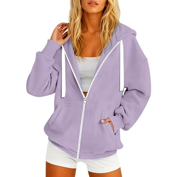 VNKIDY Women Casual Hooded Sweatshirt With Zipper Pockets Lightweight Stylish Autumn Every Day Wear Outdoor Activities Long Sleeve Solid Color Pullover Classic Streetwear