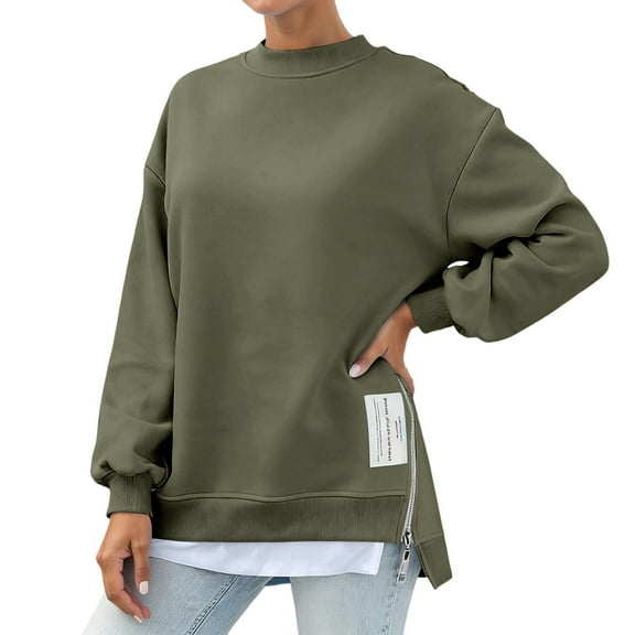 VNKIDY Women Casual Solid Color Side Zipper Pullover O-Neck Sweatshirt Long Sleeve Crewneck Soft Comfortable Athletic Wear For Everyday Tops Fashionable Streetwear