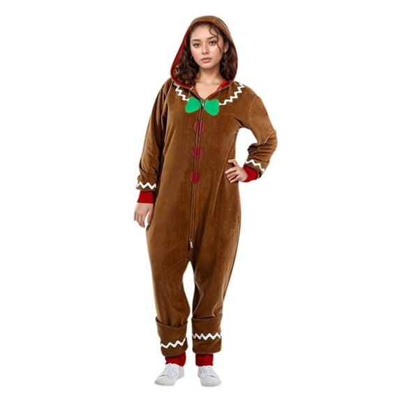 VNKIDY Women Christmas Family Matching Brown Gingerbread Man Onesie With Hood Long Sleeve Soft Jumpsuit For Holiday Celebrations Festive Homewear Classic Onesie