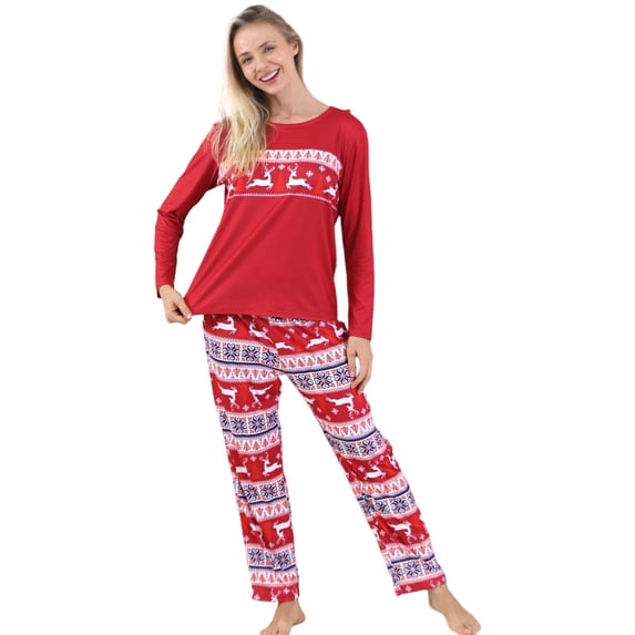 VNKIDY Women Christmas Family Matching Pajamas Crewneck Long Sleeve Top With Pants Printed Holiday Homewear Sleepwear Nightwear Fashionable Pjs