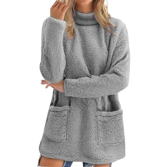 VNKIDY Women Crewneck Sweatshirt Long Sleeve Thermal Pocket Pullover Soft Warm Winter Casual For Ladies Outerwear Solid Color Versatile Dailywear