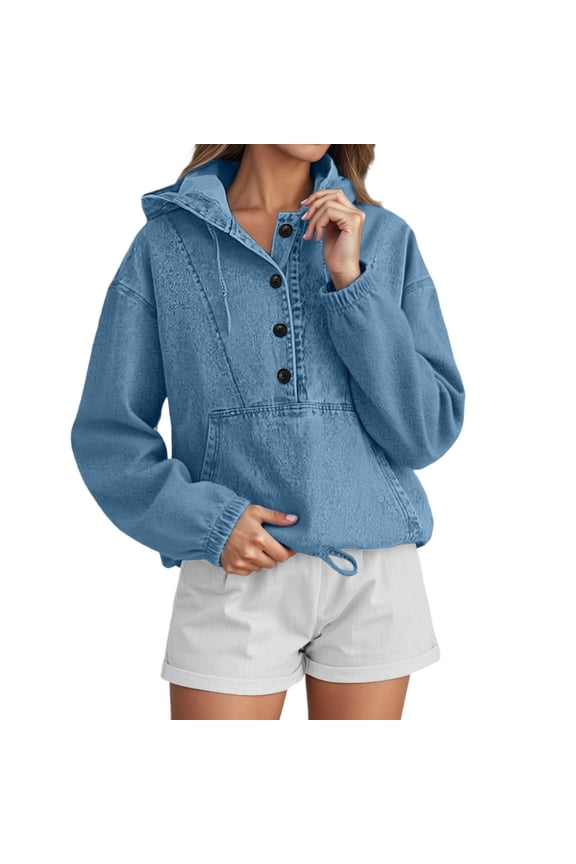 Women Denim Hooded Button Down Jacket Casual Coats Sweatshirt Tops With Front Pockets For Streetwear Fashion Long Sleeve Solid Color Versatile Dailywear