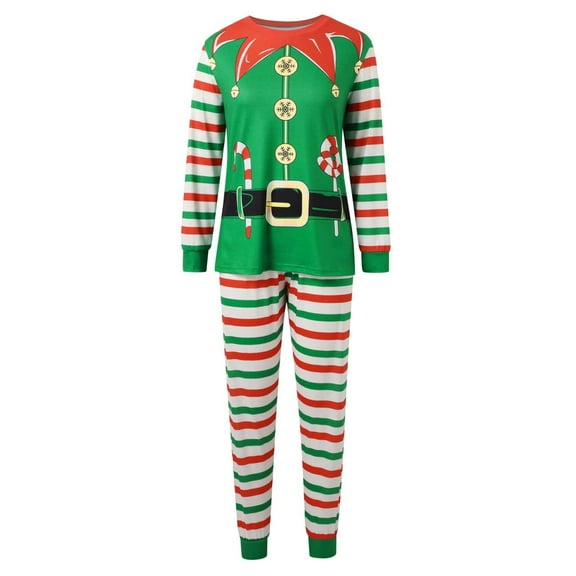 VNKIDY Women Family Matching Christmas Elf Pajama Set Stripe Long Sleeve Crewneck Top With Candy Cane Prints Matching Striped Pants For Festive Loungewear Holiday Relaxed Set