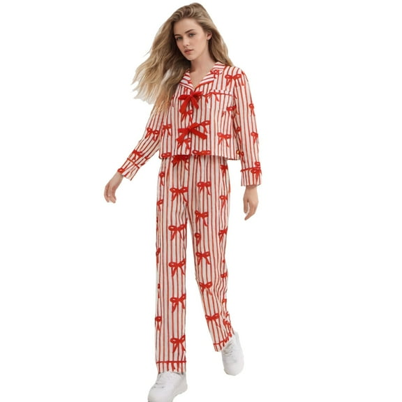 VNKIDY Women Family Matching Fashion Pajama Set With Ribbon Prints Long Sleeve Lapel Button Down Top Loose Fit Pants For Home Relaxing Trendy Set